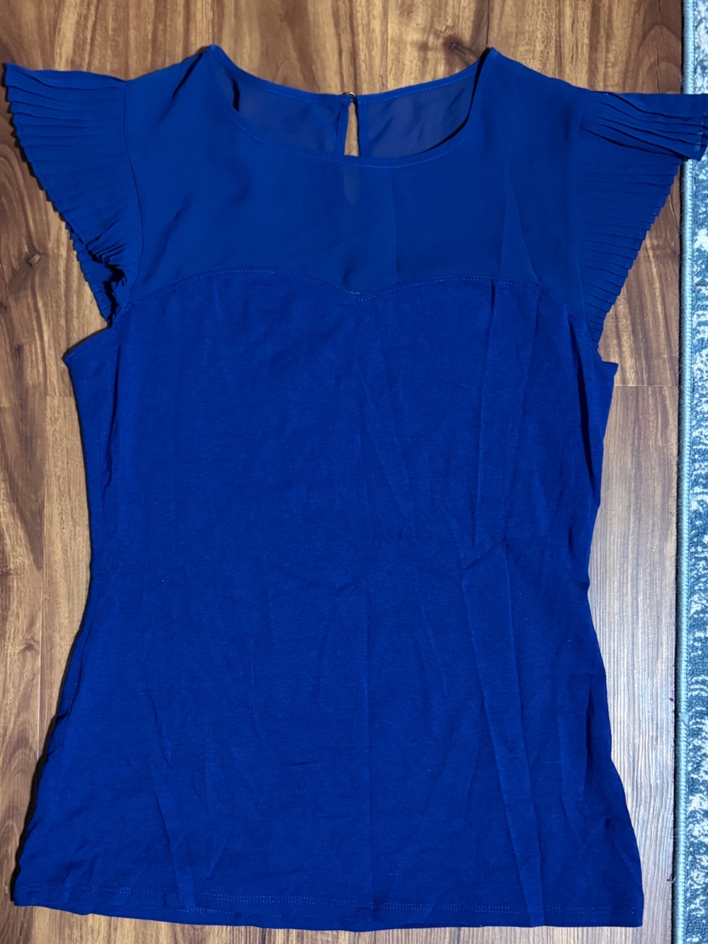 Express cobalt blue pleated flutter sleeve blouse with sheer upper